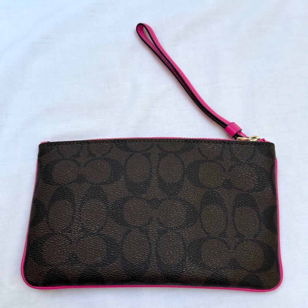 COACH Large Zipper Wristlet Signature Coated Canvas Brown Bright Fuchsia - Picture 3 of 5